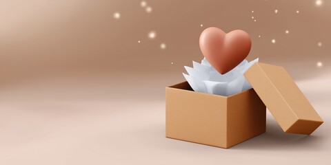 Heart-shaped object in open box with soft light and white tissue paper