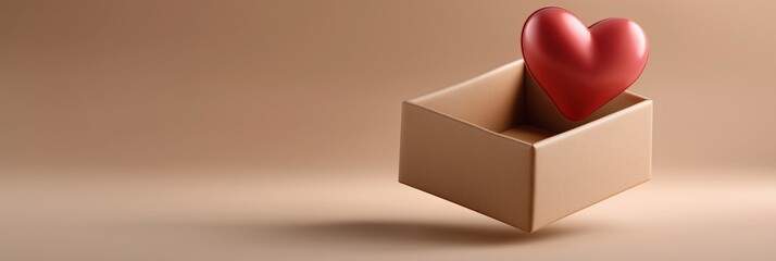 Red heart in floating cardboard box on beige background