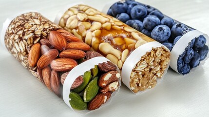 Healthy granola bars nuts oats blueberries in transparent tubes