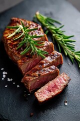 Juicy grilled steak with rosemary on slate serving board
