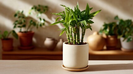 Fototapeta premium Potted plant sits on a table in front of a wall of potted plants