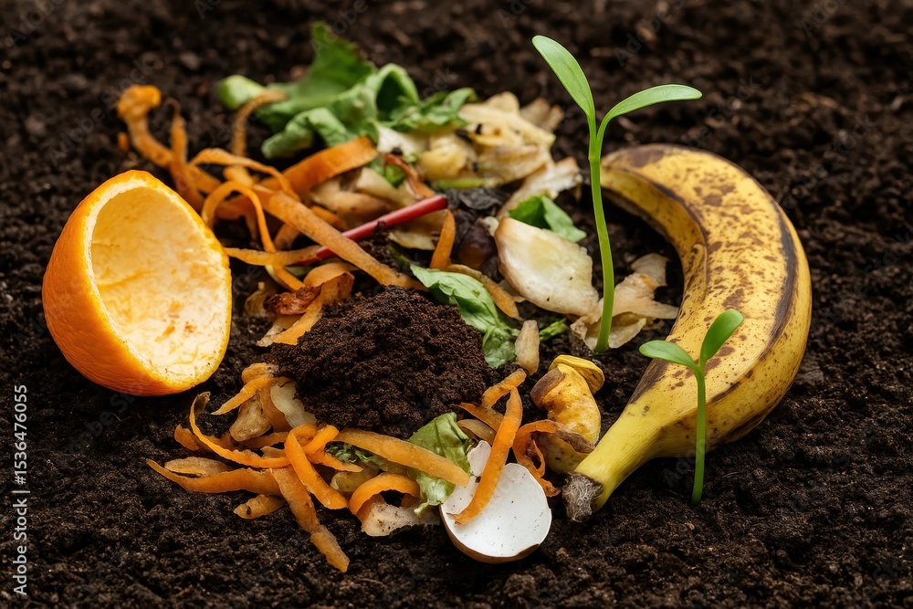 Poster circular economy practices in action with composting organic waste in a garden setting