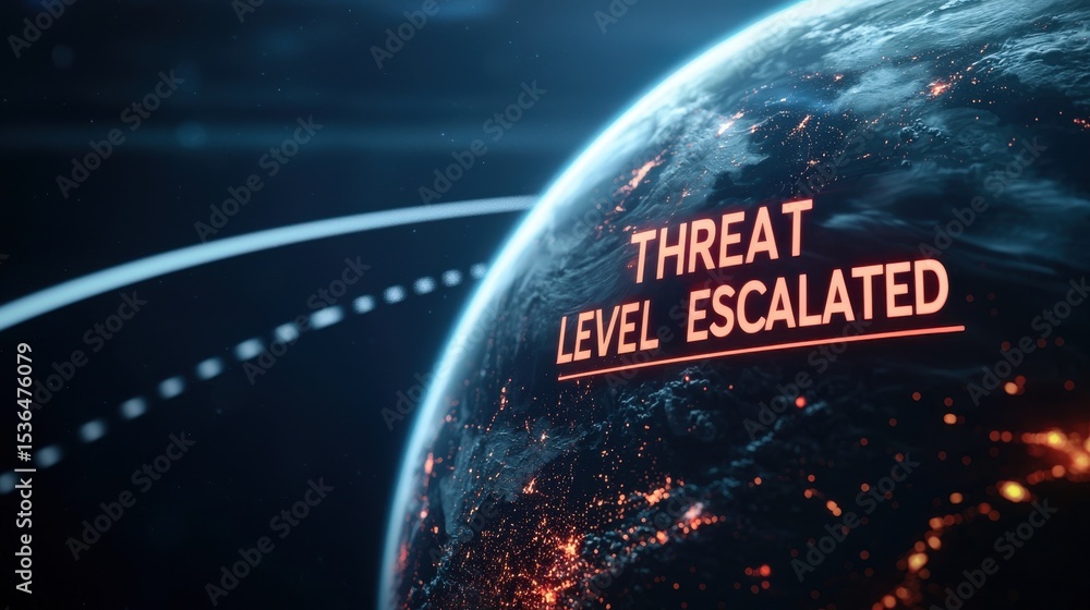 Poster geopolitical conflict concepts. a digital representation of earth with illuminated city lights and t