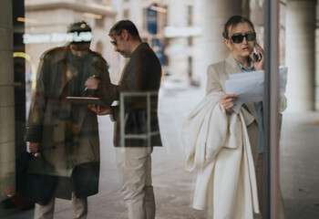 Urban setting showing two men and a woman involved in conversations, paperwork, and calls, reflecting business or interaction themes.