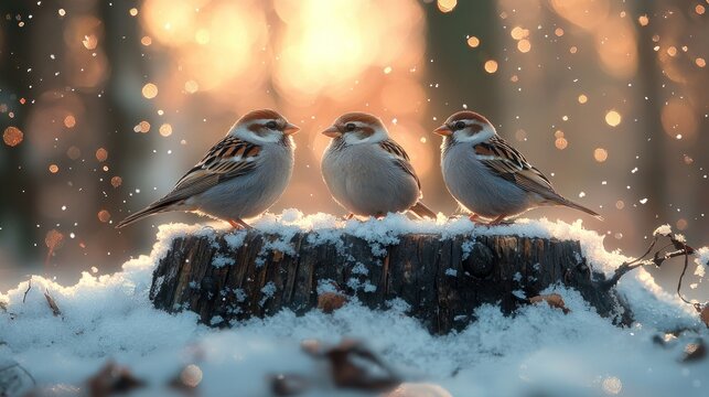 Three sparrows perch on a snowy stump, bathed in golden sunlight and snow - Powered by Adobe