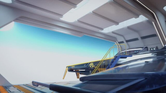 Sci-Fi Hangar Scene with Technicians preparing Futuristic Spacecraft for launch