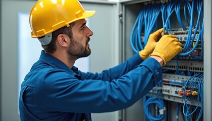 Naklejka na ściany i meble Electrician in yellow hard hat, blue uniform works on electrical panel, handling blue wires. Focus on safety, skilled labor. Wiring, energy, voltage, power, pro.