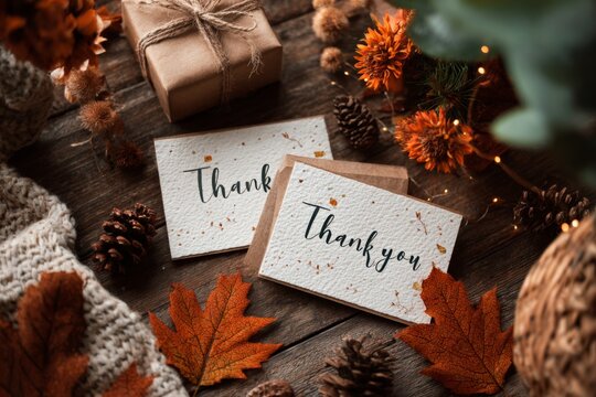 Top-down view of Thanksgiving greeting card on cozy rustic table.