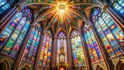 Stained glass window inside a cathedral showing colorful religious art