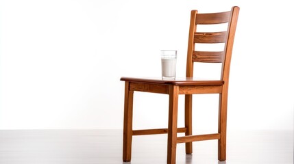 Wooden dining chair with a glass of milk on the seat, isolated on white