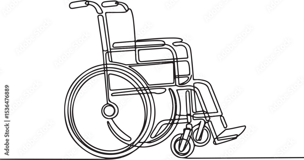 Poster wheelchair continuous single line drawing in minimalist black and white style with angled design and