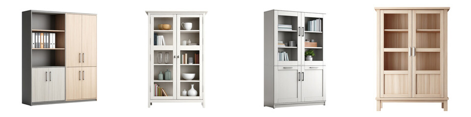 A collection of modern minimalist furniture for storage and display  long title This image showcases a selection of contemporary wood framed