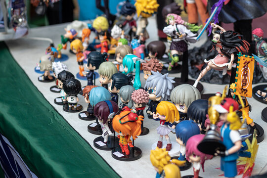 Diverse collection of colorful anime figurines displayed at Mataram, Lombok, Indonesia - September 1, 2024