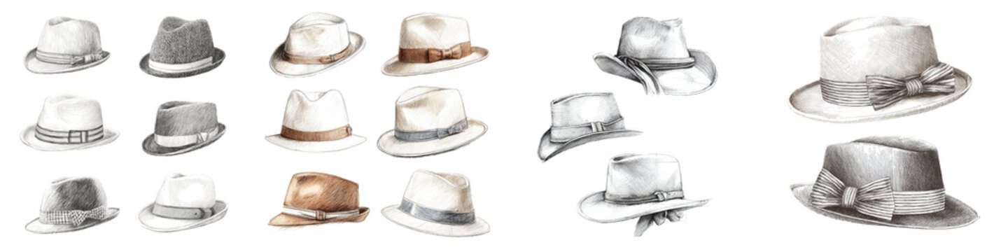 A diverse collection of stylish hats  long title A variety of classic fashionable hats including fedoras boaters cowboy hats and wide brimmed designs