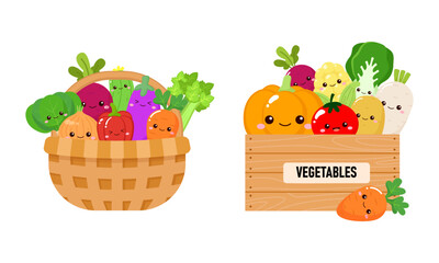 Cute Vegetables farm basket cartoon design clip art