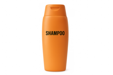 Orange shampoo bottle with flip-top cap, isolated on transparent background, showcasing hair care product