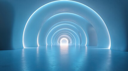 Obraz premium Mesmerizing blue tunnel with glowing arches and perspective view in clean minimalist interior design
