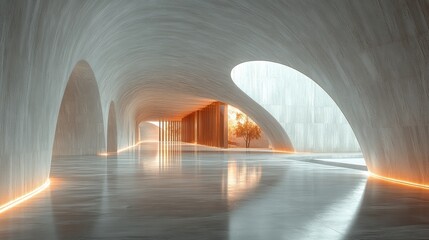 Light Reflecting Interior of Arched Modern Architecture with Tree Visible Through Open Area at Sunset