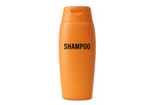 Orange shampoo bottle with flip-top cap, isolated on transparent background, showcasing hair care product