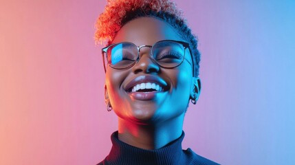 Authentic Joy: Vibrant Portrait of a Young Black Woman in Glasses, Illuminated by Dynamic Neon Lights, Symbolizing Modern Happiness Diverse Beauty