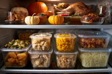Thanksgiving leftovers in labeled containers, flat lay on a fridge shelf and relatable post-holiday visual