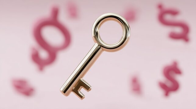 Gold key is shown with a bunch of dollar signs in the background - Powered by Adobe