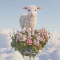 Adorable lamb atop floral island serene ethereal scene captivating focus peaceful visual fluffy wool