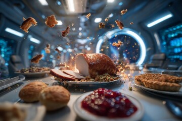Thanksgiving feast suspended in zero gravity, with turkey and other dishes floating through a spaceship dining cabin sci-fi holiday celebration