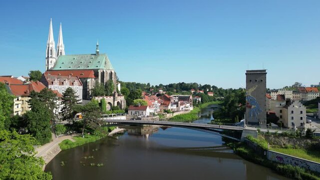 Panorama of the city of Goerlitz on the border with Poland. The Old Town Bridge and the Church of St. Peter and Paul
