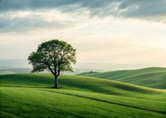 Obraz premium Serene landscape photograph featuring a lone tree on rolling green hills under a soft sky. Ideal for nature, tranquility, and environmental themes.
