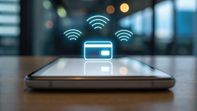 A smartphone with a contactless payment symbol, indicating modern digital transactions on a wooden surface. - Powered by Adobe