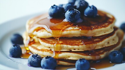 A stack of three golden-brown pancakes drizzled with amber syrup and topped with fresh blueberries, sitting on a white plate against a bright background
