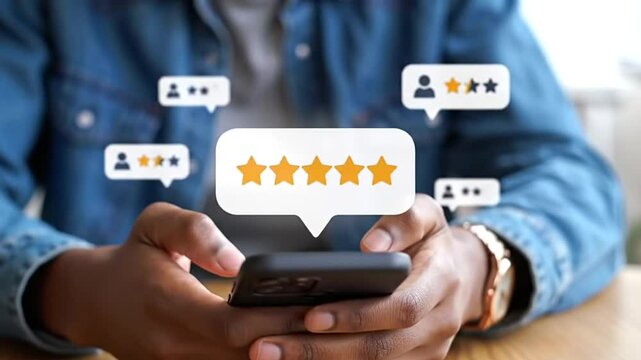 Online customer satisfaction Survey service concept, client rate service from experience in application,Consumer give five-Stars and feedback review for quality, Business reputation ranking from buyer
