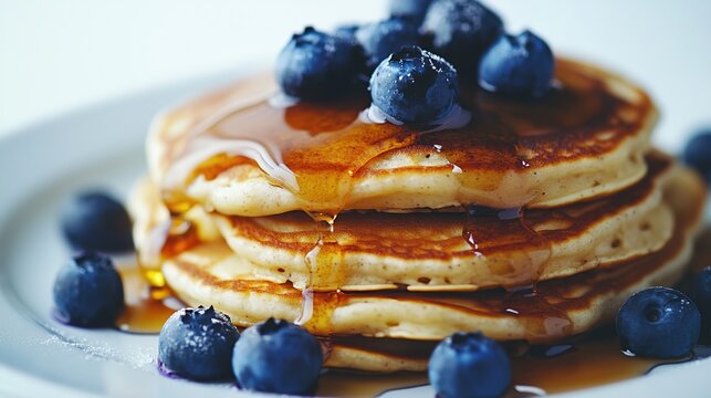 A stack of three golden-brown pancakes drizzled with amber syrup and topped with fresh blueberries, sitting on a white plate against a bright background