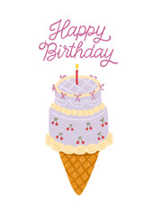 Greeting card with purple cake ice cream cone, cherries, bows, candle and Happy Birthday lettering. Korean bakery trend. Vector isolated design for stickers, packaging and printables