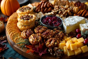 Thanksgiving-themed charcuterie board with autumn colors, cheese, nuts, dried fruits, and mini pies elegant holiday appetizer presentation 
