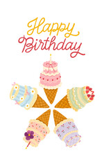 Greeting card with five mini cake ice cream cones in star layout and Happy Birthday hand-drawn lettering. Korean pastel bakery trend. Vector isolated design for packaging, stickers, printables