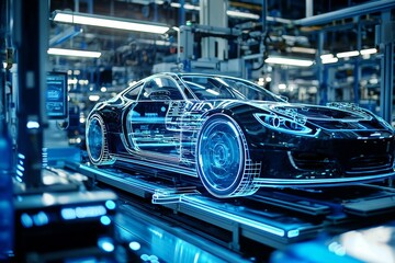 Fototapeta premium A cutting-edge car production line highlights the integration of modern technology.