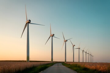 Wind turbines in a golden wheat field at sunset