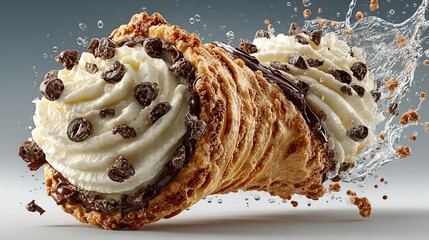 Delicious Cannoli with Cream and Chocolate Chips Sprinkled, Water Splash