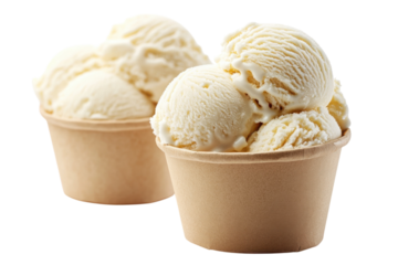 Two scoops of creamy vanilla ice cream promise sweet relief on a hot day in brown paper cups on isolated on transparent background. Generative Ai.