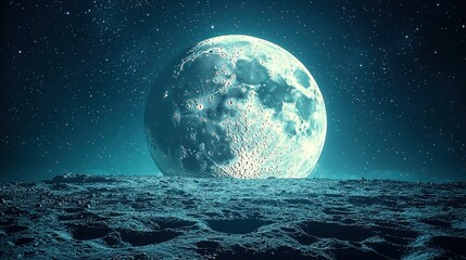 Vast, luminous moon over a cratered lunar landscape