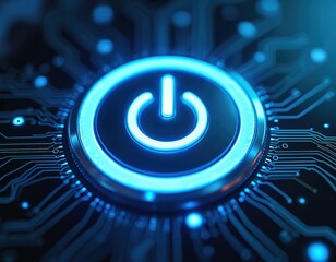 Futuristic neon glowing power button pulsates against a digital backdrop. Symbolizes start of something groundbreaking tech. Futuristic design, modern concept. Computer, AI, tech, web, cyberspace.
