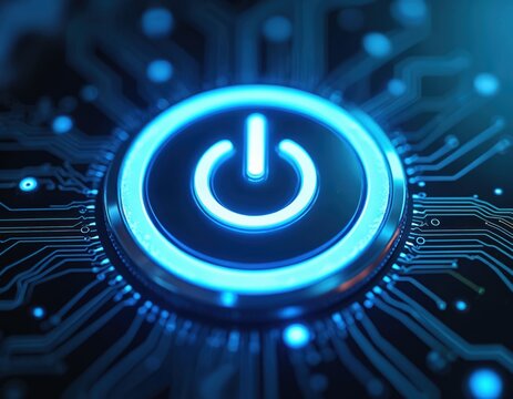 Futuristic neon glowing power button pulsates against a digital backdrop. Symbolizes start of something groundbreaking tech. Futuristic design, modern concept. Computer, AI, tech, web, cyberspace.