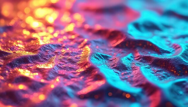 Vibrant holographic texture with neon colors. Rainbow foil iridescent paper showcases shiny neon patterns, glitch effects for retro 90s inspired designs. Trendy background for tech presentations.