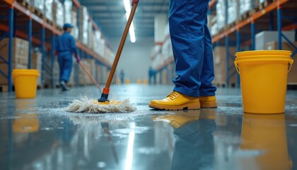 Warehouse cleaner washes wet floor. Employee with mop, bucket working in logistic company storage. Hygiene, cleaning service. Occupation in factory, hall interior. Cleanliness, work routine.