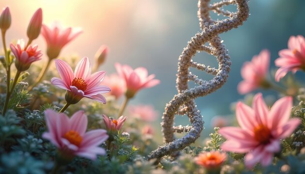 Illustration features DNA helix in floral setting. Concept represents connection between science, nature. Pink flowers, green leaves, soft focus create serene aesthetic. Life beauty, complexity.