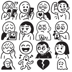 15 Expressive Social Media Emotion Doodle Icons – Hand-Drawn Black and White Vector Set