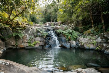 Naklejka premium Serene waterfall in lush tropical forest