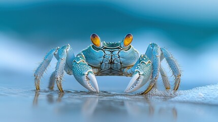 Vibrant blue crab, close-up, facing forward, with soft-focus background